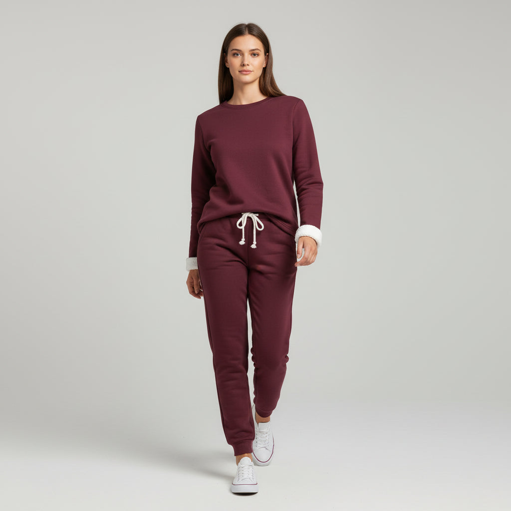 2-Piece Burgundy Fleece-Lined Loungewear Set for Women-Vyana Collective