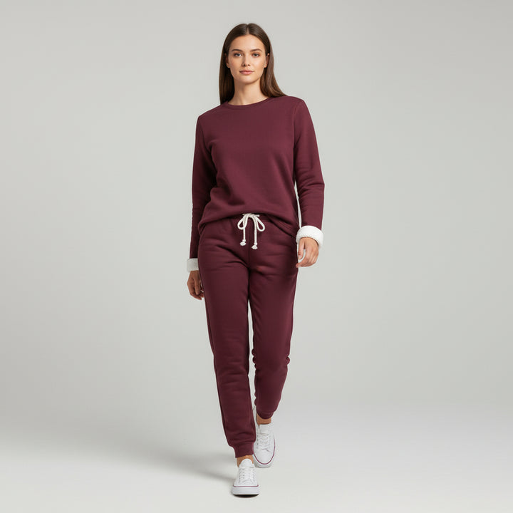 2-Piece Burgundy Fleece-Lined Loungewear Set for Women-Vyana Collective