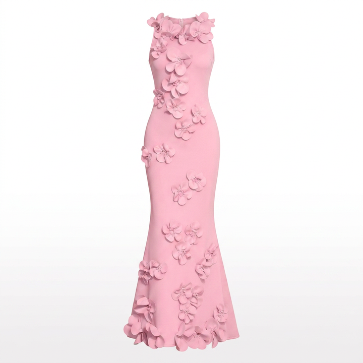 3D Floral Appliqué Sleeveless Mermaid Maxi Dress-Vyana Collective
