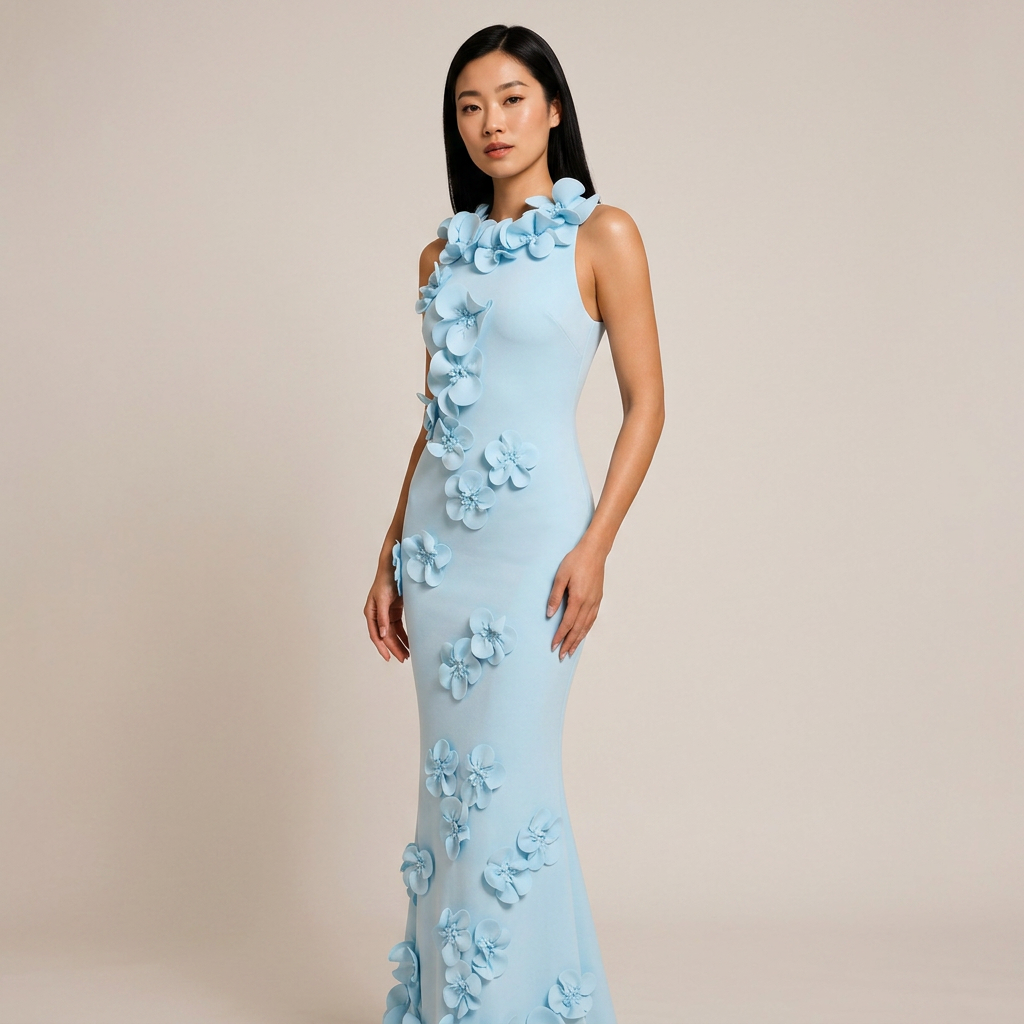 3D Floral Appliqué Sleeveless Mermaid Maxi Dress-Vyana Collective