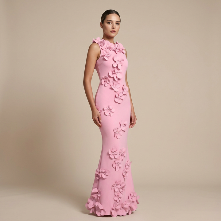 3D Floral Appliqué Sleeveless Mermaid Maxi Dress-Vyana Collective