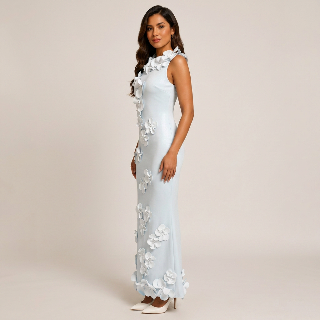 3D Floral Appliqué Sleeveless Mermaid Maxi Dress-Vyana Collective