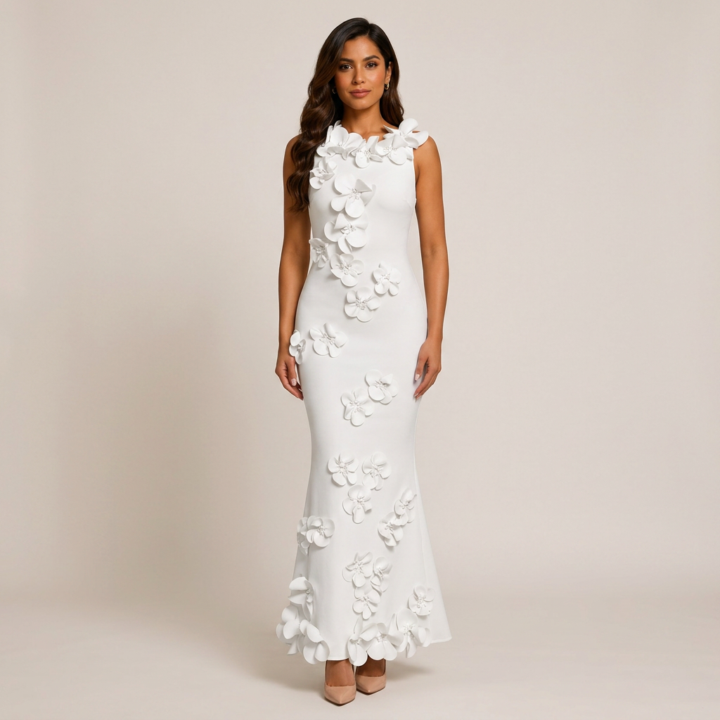 3D Floral Appliqué Sleeveless Mermaid Maxi Dress-Vyana Collective