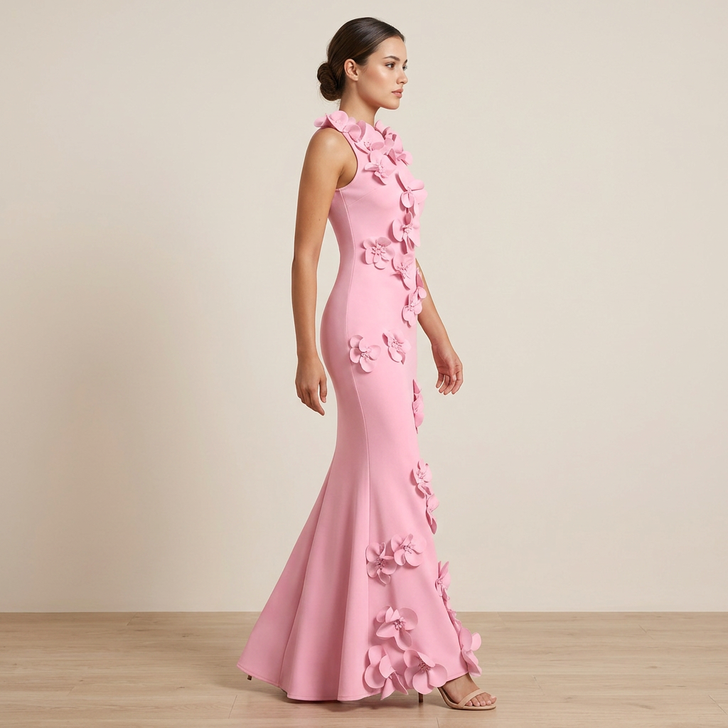 3D Floral Appliqué Sleeveless Mermaid Maxi Dress-Vyana Collective