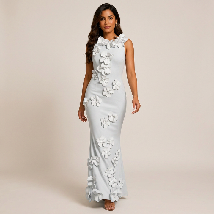3D Floral Appliqué Sleeveless Mermaid Maxi Dress-Vyana Collective