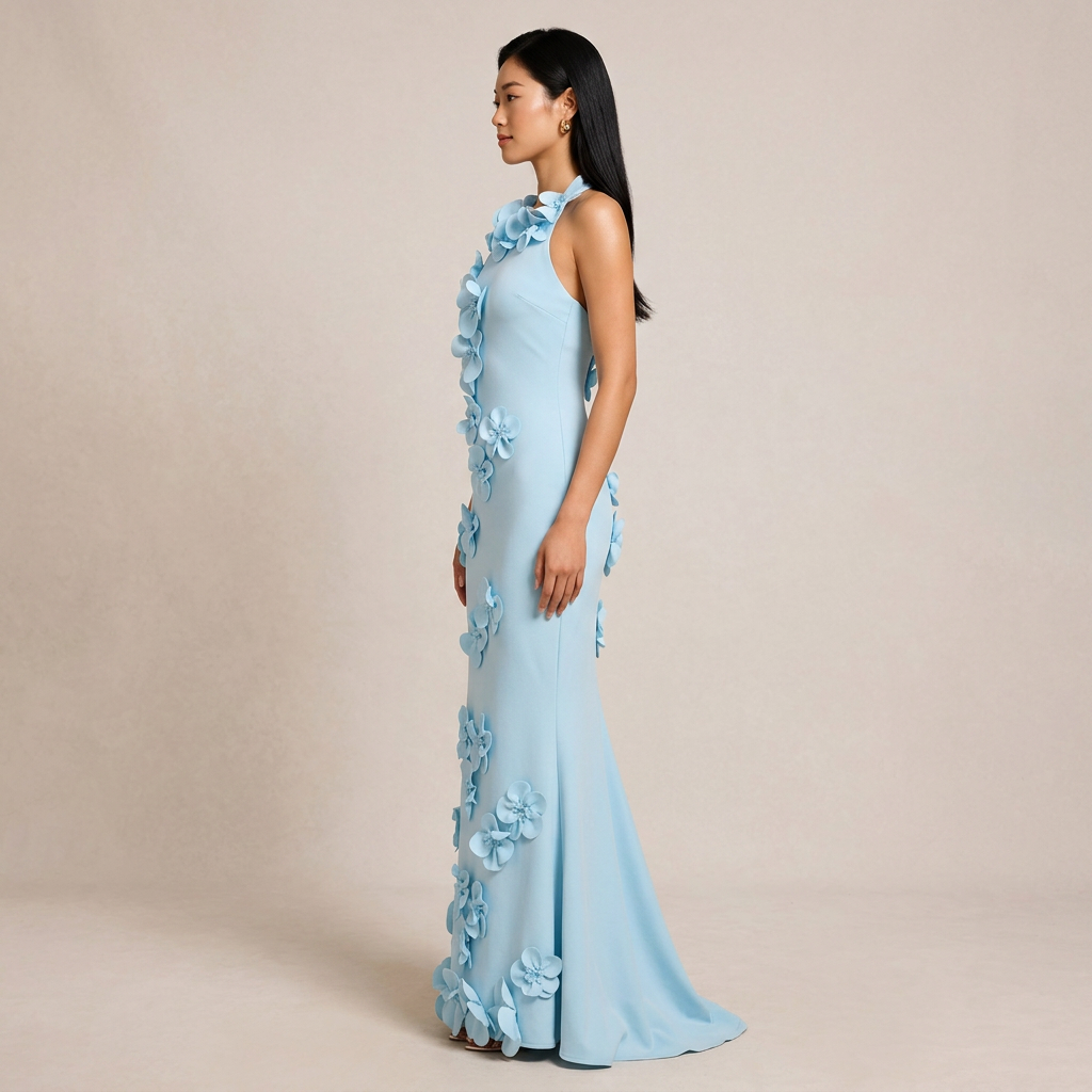 3D Floral Appliqué Sleeveless Mermaid Maxi Dress-Vyana Collective