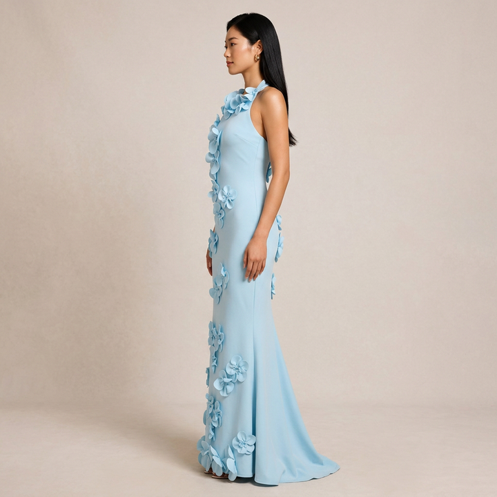 3D Floral Appliqué Sleeveless Mermaid Maxi Dress-Vyana Collective