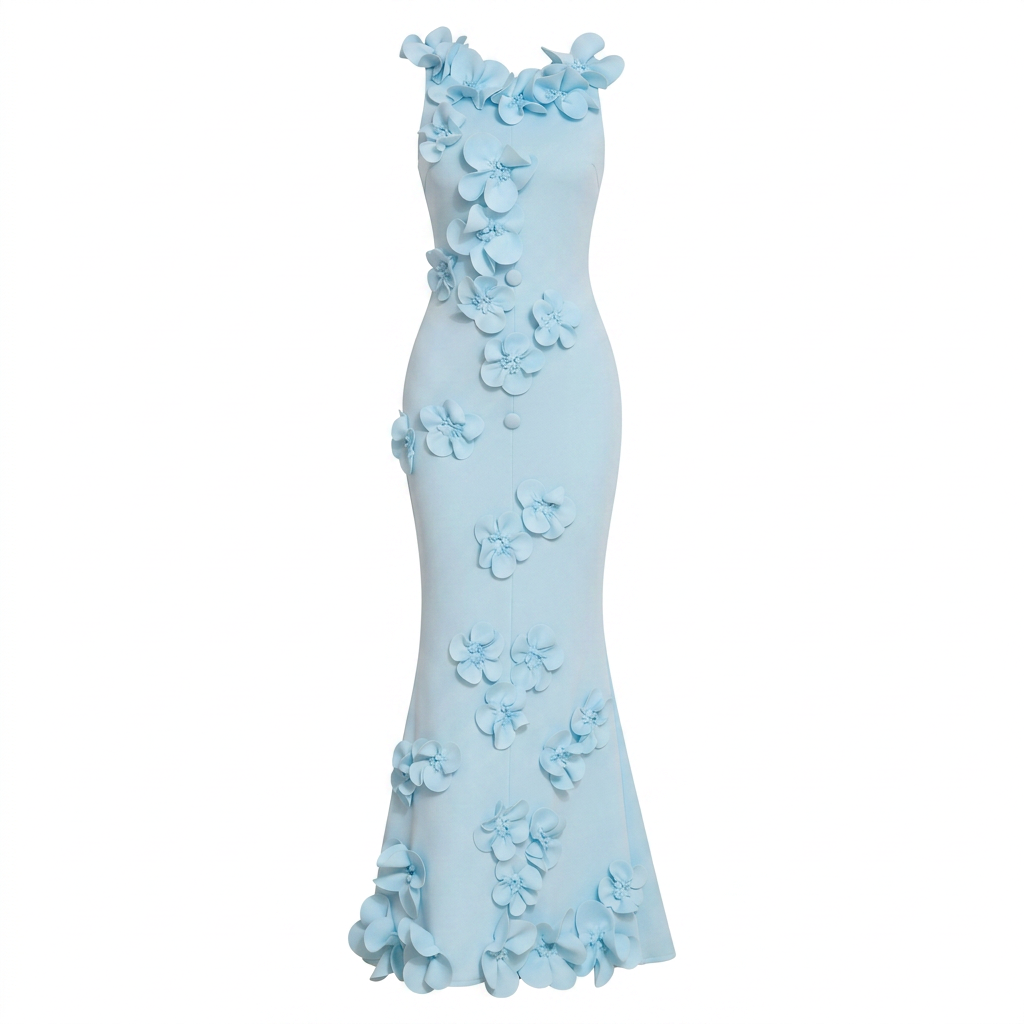 3D Floral Appliqué Sleeveless Mermaid Maxi Dress-Vyana Collective