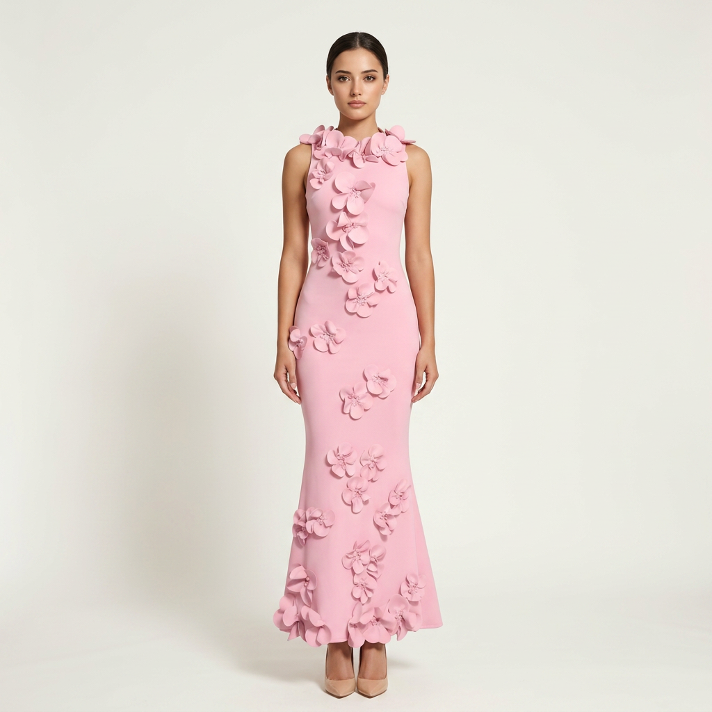 3D Floral Appliqué Sleeveless Mermaid Maxi Dress-Vyana Collective