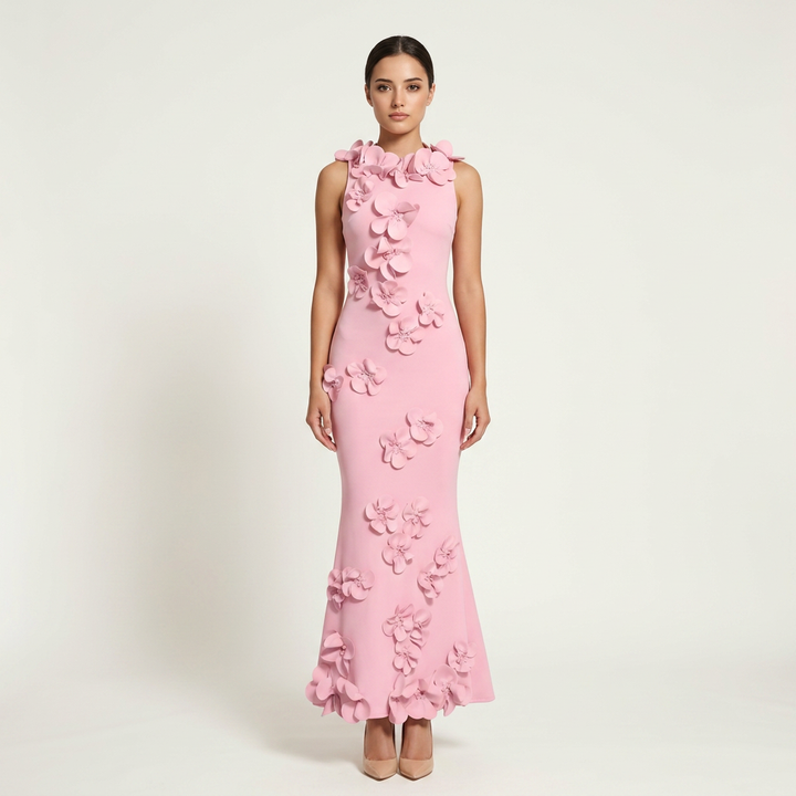 3D Floral Appliqué Sleeveless Mermaid Maxi Dress-Vyana Collective