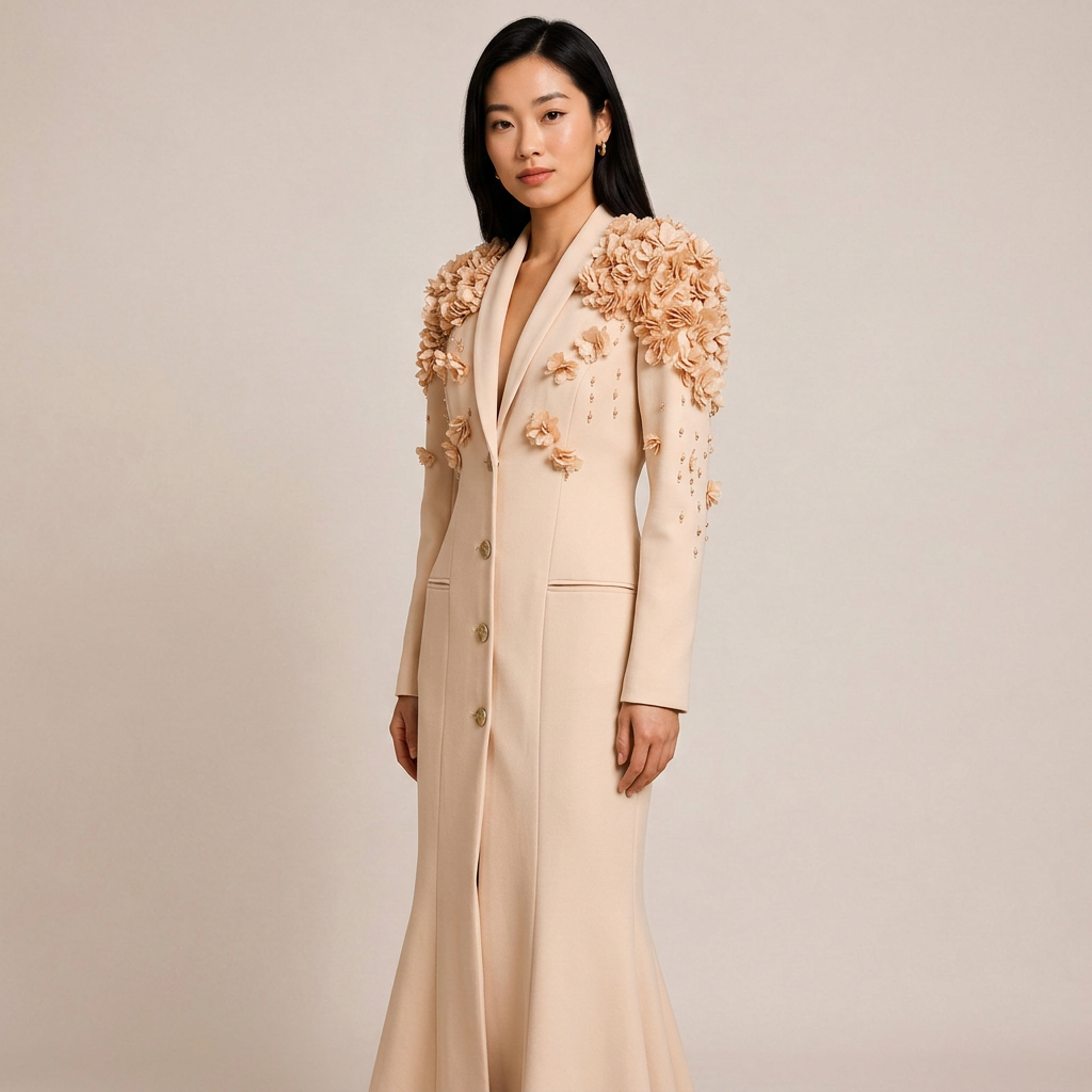 3D Floral Embellished Blazer Maxi Dress for Gala Evenings and Statement Elegance Women-Vyana Collective