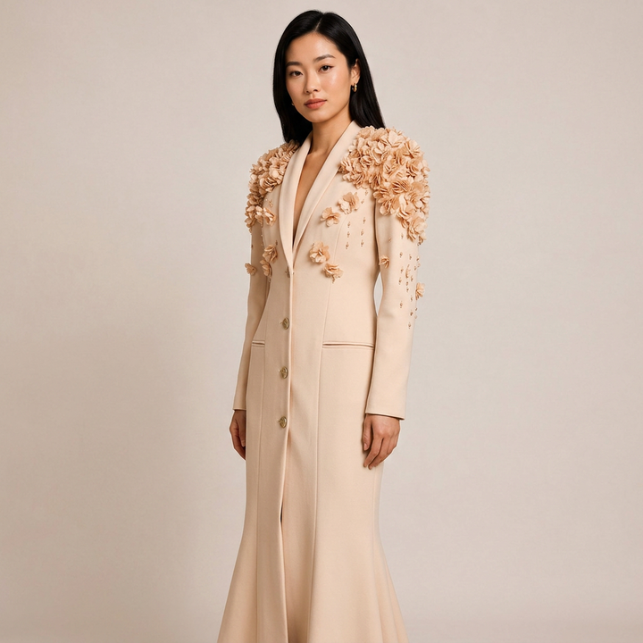 3D Floral Embellished Blazer Maxi Dress for Gala Evenings and Statement Elegance Women-Vyana Collective