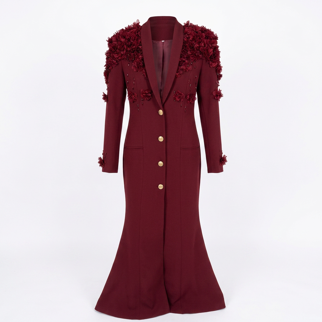 3D Floral Embellished Blazer Maxi Dress for Gala Evenings and Statement Elegance Women-Vyana Collective
