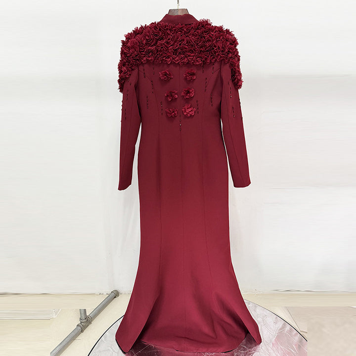 3D Floral Embellished Blazer Maxi Dress for Gala Evenings and Statement Elegance Women-Vyana Collective