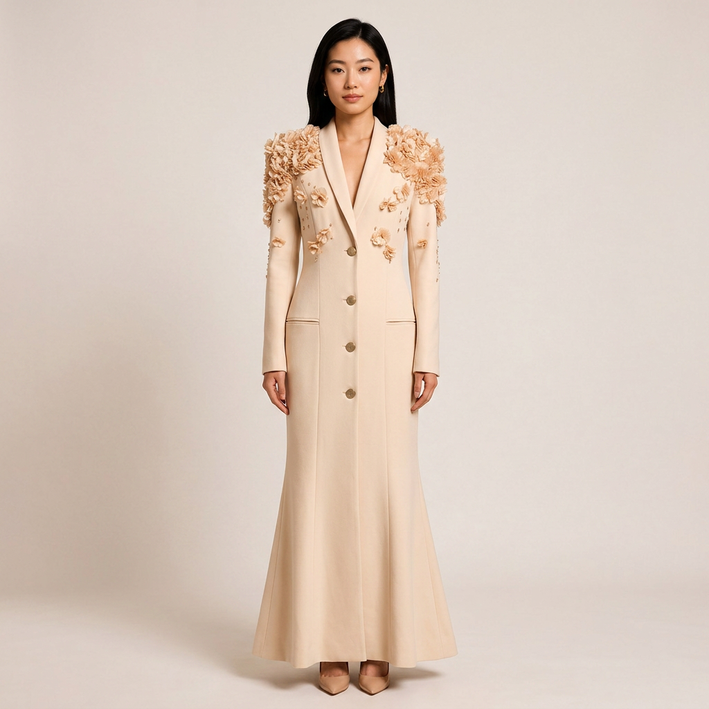 3D Floral Embellished Blazer Maxi Dress for Gala Evenings and Statement Elegance Women-Vyana Collective