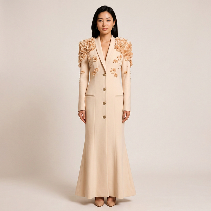 3D Floral Embellished Blazer Maxi Dress for Gala Evenings and Statement Elegance Women-Vyana Collective
