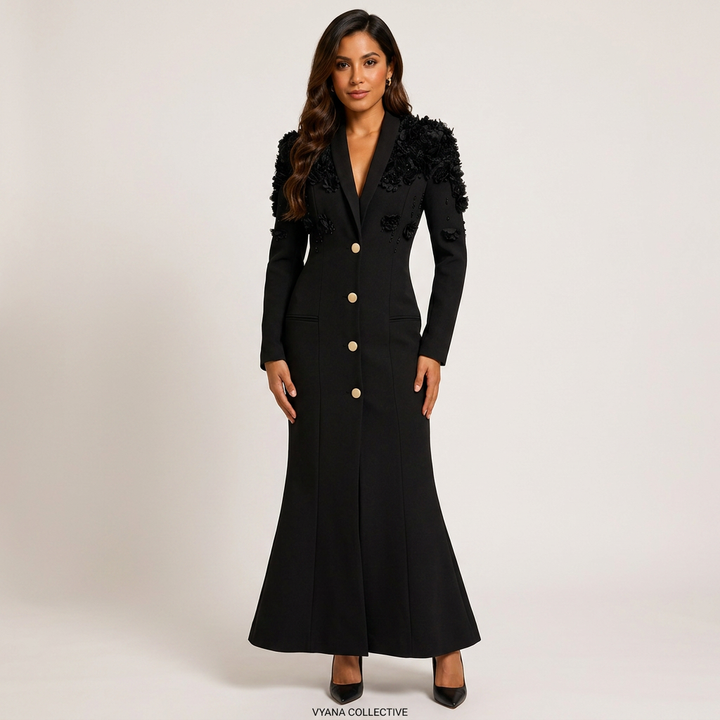 3D Floral Embellished Blazer Maxi Dress for Gala Evenings and Statement Elegance Women-Vyana Collective