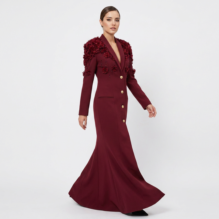 3D Floral Embellished Blazer Maxi Dress for Gala Evenings and Statement Elegance Women-Vyana Collective
