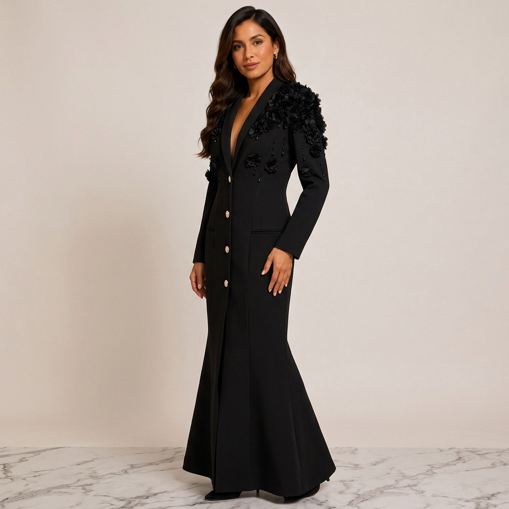 3D Floral Embellished Blazer Maxi Dress for Gala Evenings and Statement Elegance Women-Vyana Collective