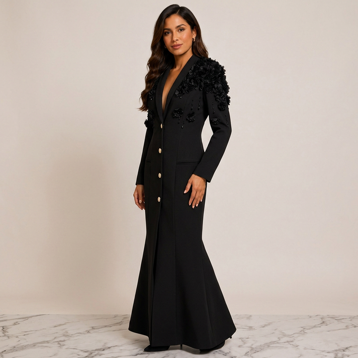 3D Floral Embellished Blazer Maxi Dress for Gala Evenings and Statement Elegance Women-Vyana Collective