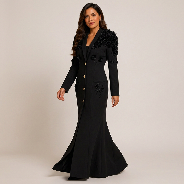 3D Floral Embellished Blazer Maxi Dress for Gala Evenings and Statement Elegance Women-Vyana Collective