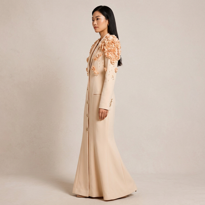 3D Floral Embellished Blazer Maxi Dress for Gala Evenings and Statement Elegance Women-Vyana Collective