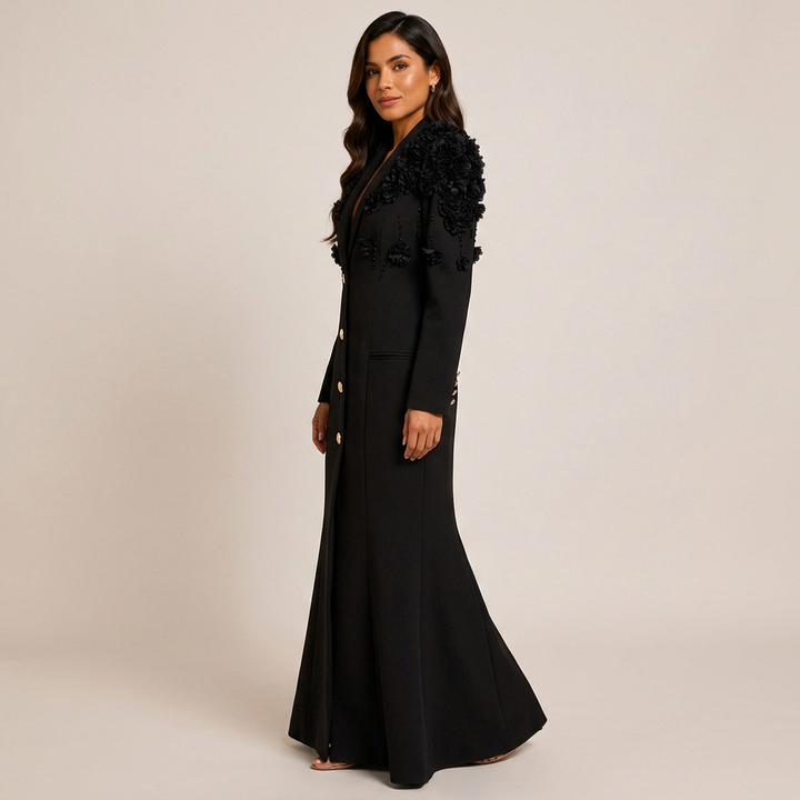 3D Floral Embellished Blazer Maxi Dress for Gala Evenings and Statement Elegance Women-Vyana Collective