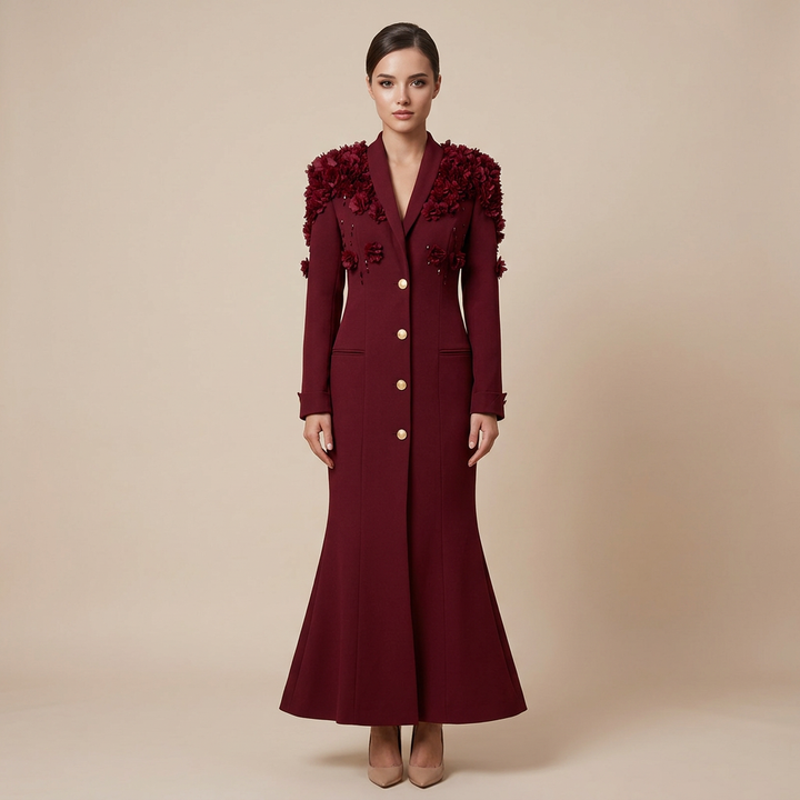 3D Floral Embellished Blazer Maxi Dress for Gala Evenings and Statement Elegance Women-Vyana Collective