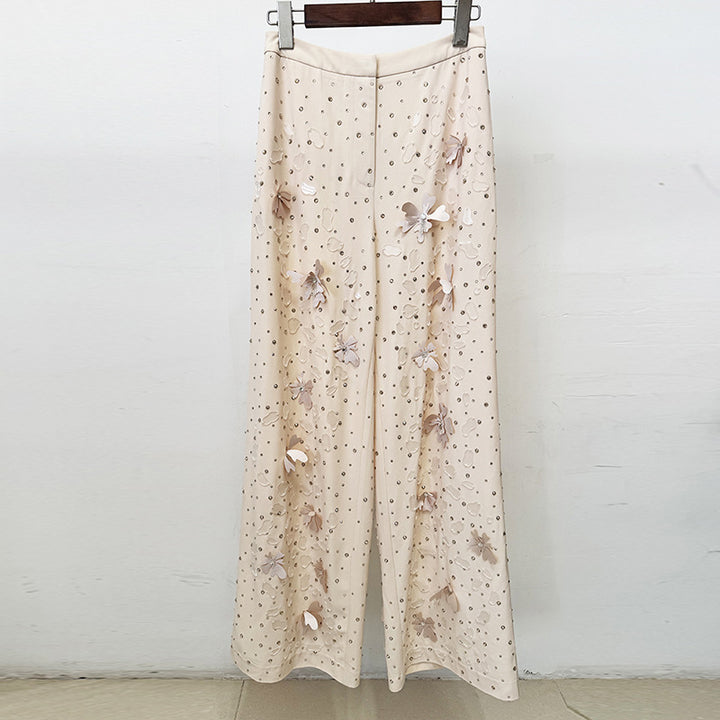 3D Floral Embellished Tailored Blazer and Wide Leg Pants Set for Meetings Ready and Executive Elegance Women-Vyana Collective