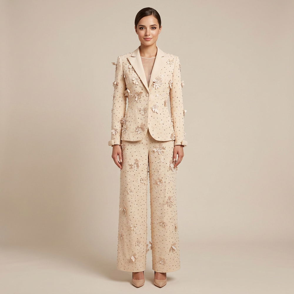 3D Floral Embellished Tailored Blazer and Wide Leg Pants Set for Meetings Ready and Executive Elegance Women-Vyana Collective