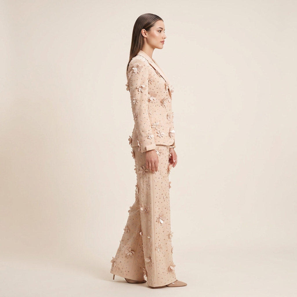 3D Floral Embellished Tailored Blazer and Wide Leg Pants Set for Meetings Ready and Executive Elegance Women-Vyana Collective