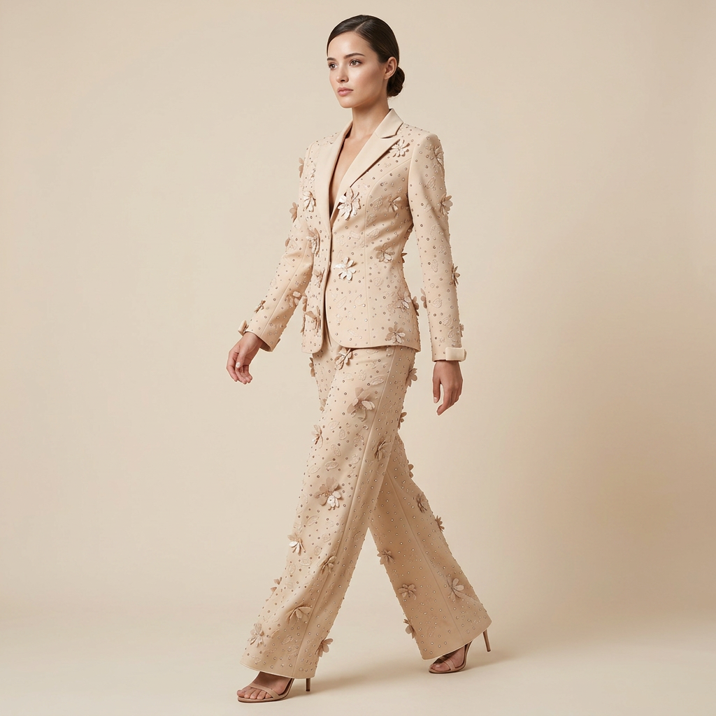 3D Floral Embellished Tailored Blazer and Wide Leg Pants Set for Meetings Ready and Executive Elegance Women-Vyana Collective