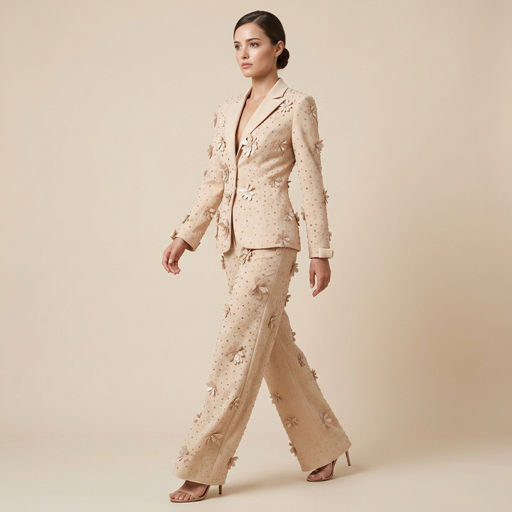 3D Floral Embellished Tailored Blazer and Wide Leg Pants Set for Meetings Ready and Executive Elegance Women-Vyana Collective