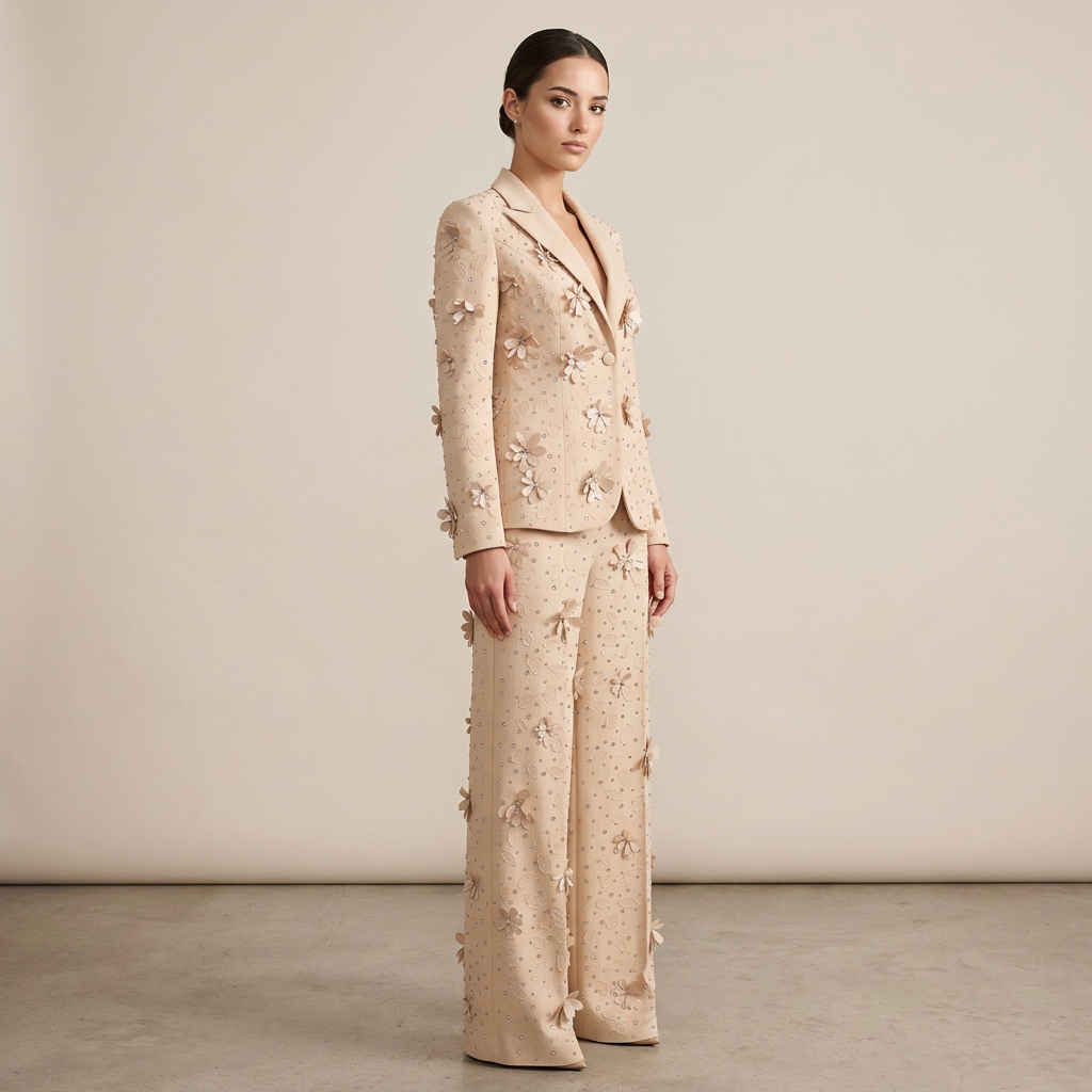 3D Floral Embellished Tailored Blazer and Wide Leg Pants Set for Meetings Ready and Executive Elegance Women-Vyana Collective