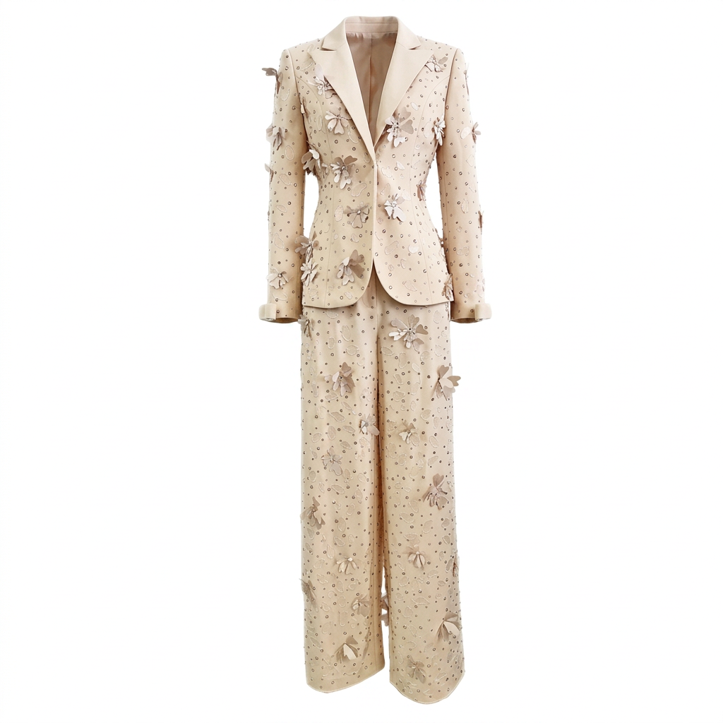 3D Floral Embellished Tailored Blazer and Wide Leg Pants Set for Meetings Ready and Executive Elegance Women-Vyana Collective