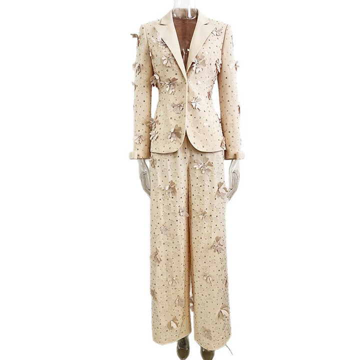 3D Floral Embellished Tailored Blazer and Wide Leg Pants Set for Meetings Ready and Executive Elegance Women-Vyana Collective