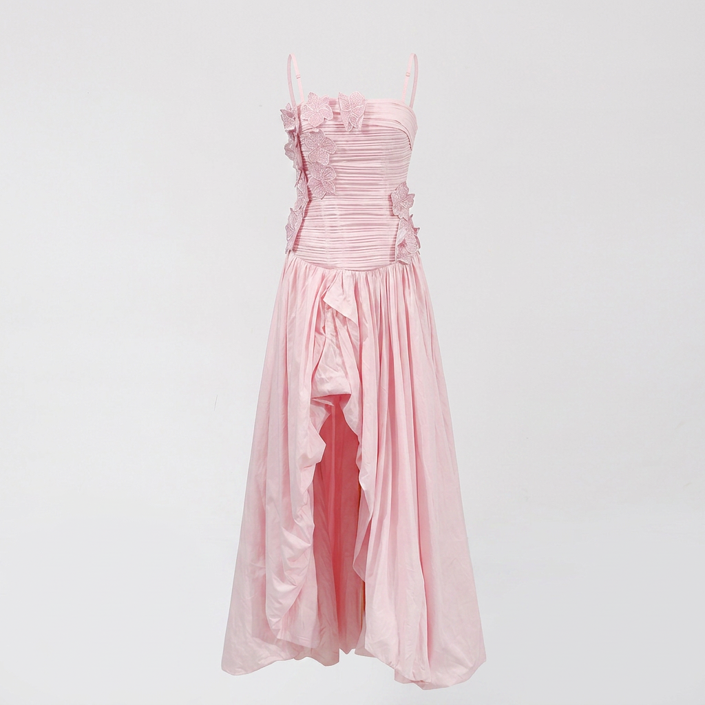 3D Floral Ruched Spaghetti Strap High Slit Maxi Dress-Vyana Collective