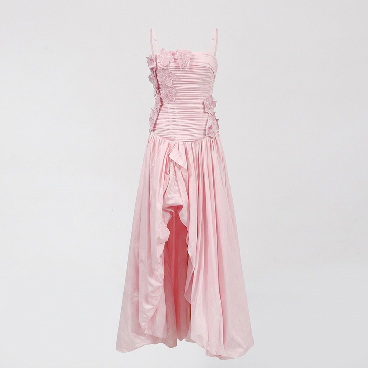 3D Floral Ruched Spaghetti Strap High Slit Maxi Dress-Vyana Collective