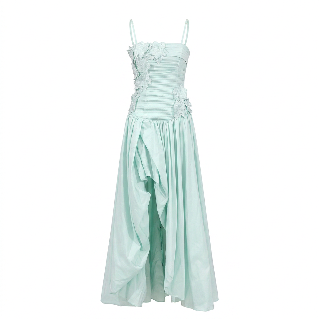 3D Floral Ruched Spaghetti Strap High Slit Maxi Dress-Vyana Collective