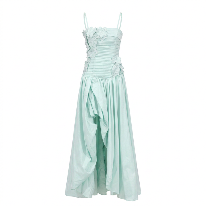 3D Floral Ruched Spaghetti Strap High Slit Maxi Dress-Vyana Collective
