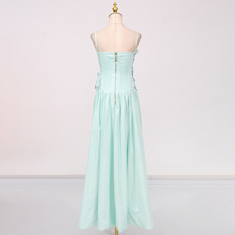 3D Floral Ruched Spaghetti Strap High Slit Maxi Dress-Vyana Collective
