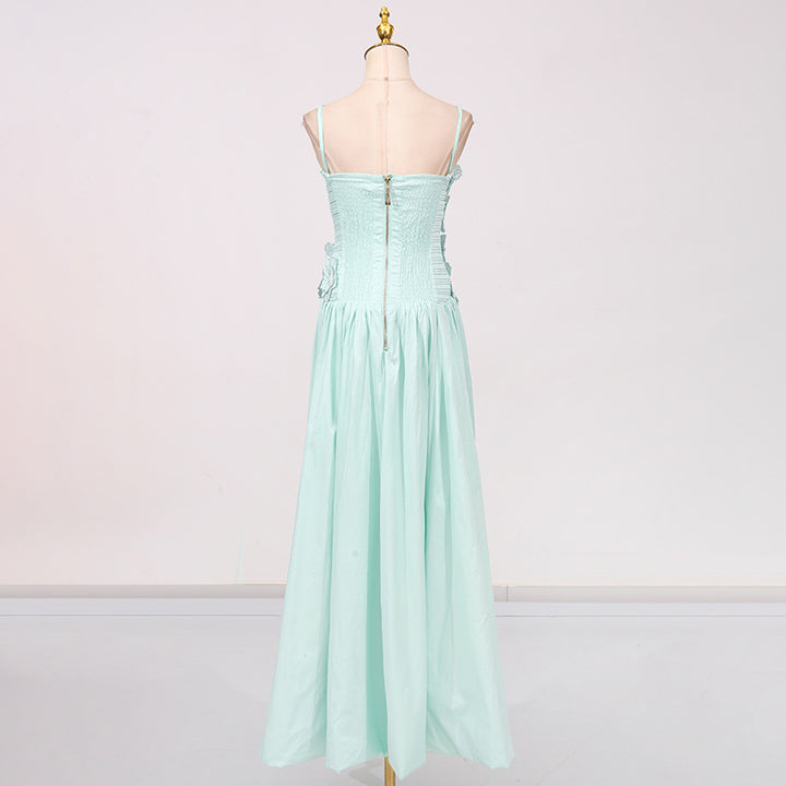 3D Floral Ruched Spaghetti Strap High Slit Maxi Dress-Vyana Collective
