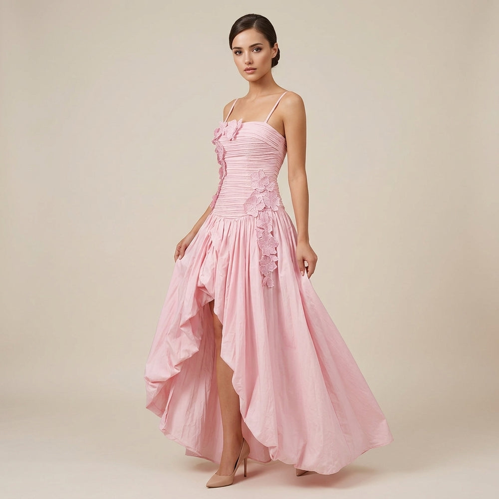 3D Floral Ruched Spaghetti Strap High Slit Maxi Dress-Vyana Collective