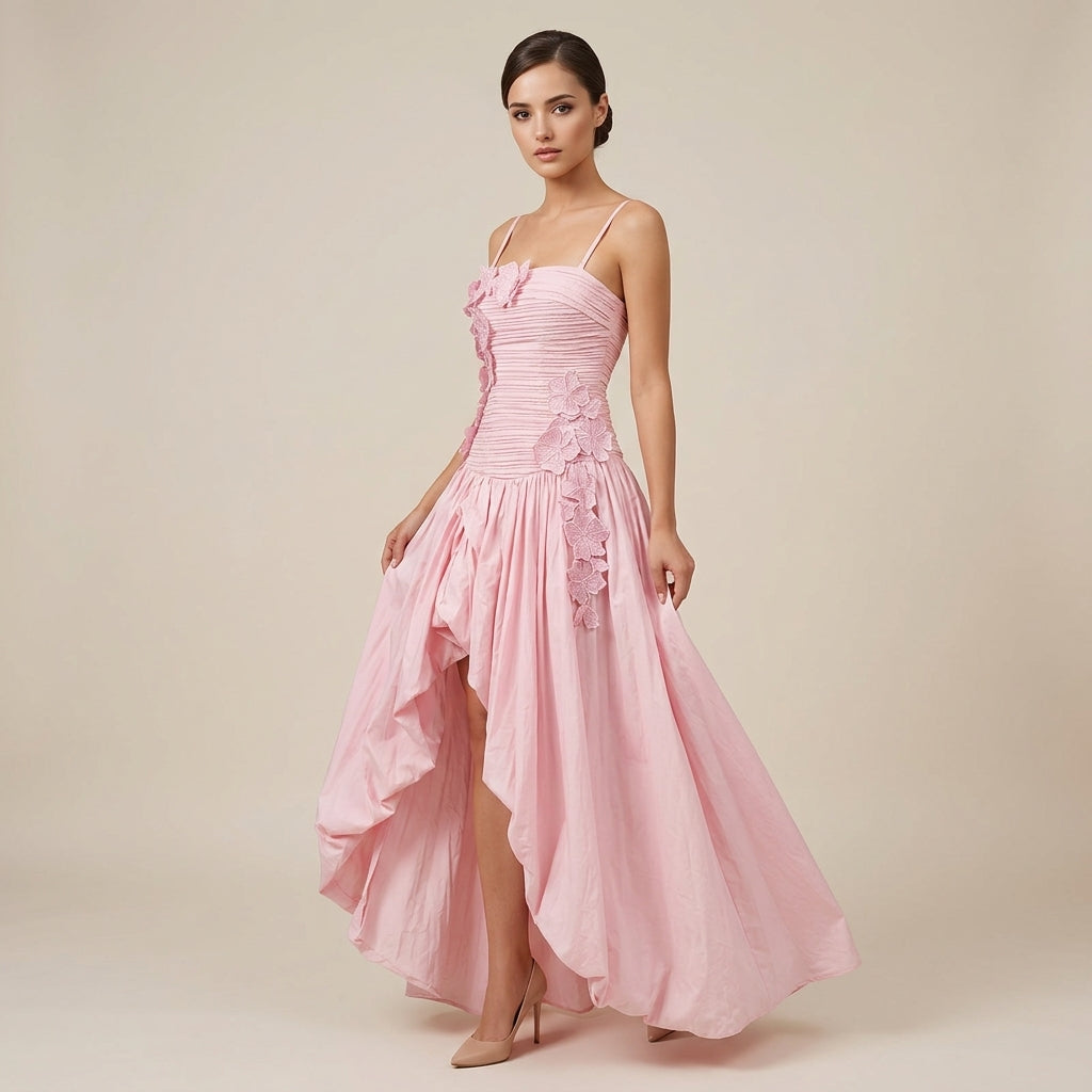 3D Floral Ruched Spaghetti Strap High Slit Maxi Dress-Vyana Collective