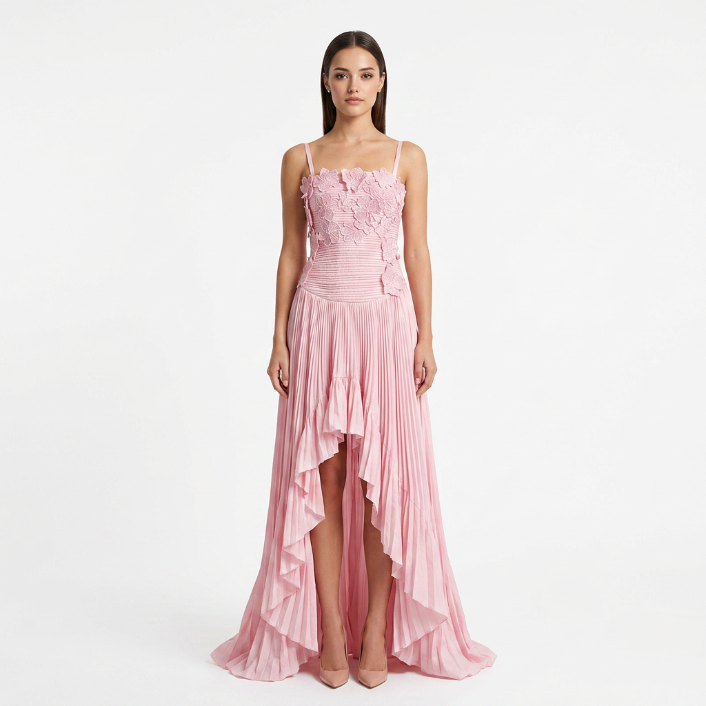 3D Floral Ruched Spaghetti Strap High Slit Maxi Dress-Vyana Collective
