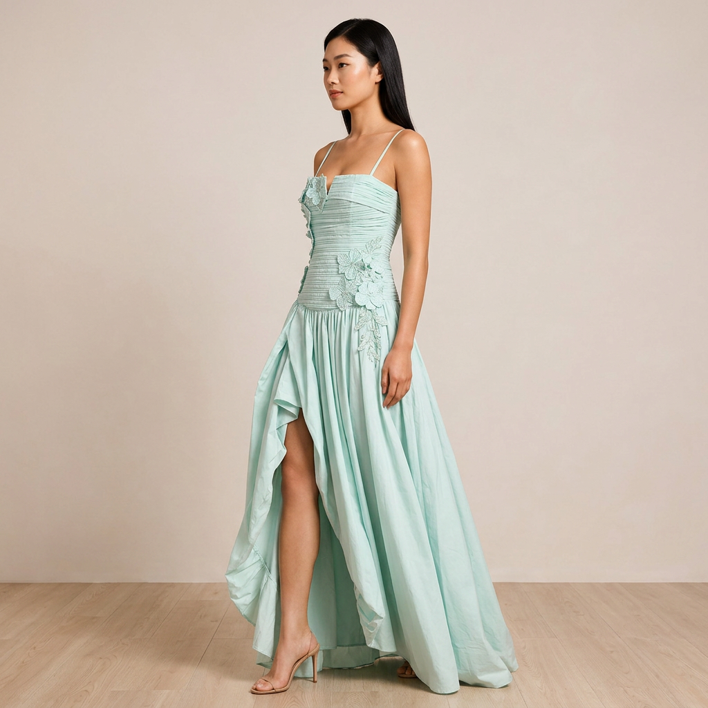 3D Floral Ruched Spaghetti Strap High Slit Maxi Dress-Vyana Collective