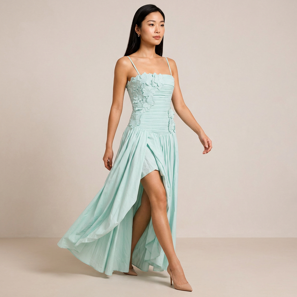 3D Floral Ruched Spaghetti Strap High Slit Maxi Dress-Vyana Collective