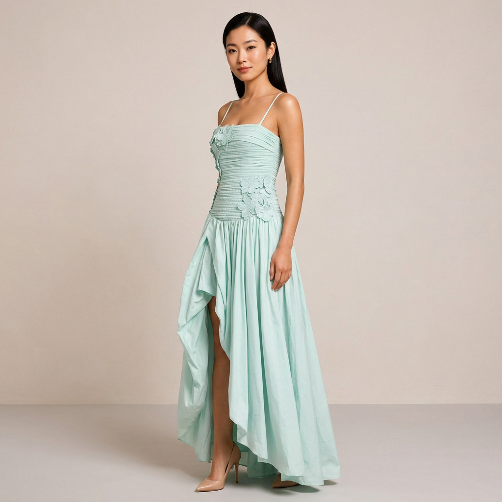 3D Floral Ruched Spaghetti Strap High Slit Maxi Dress-Vyana Collective