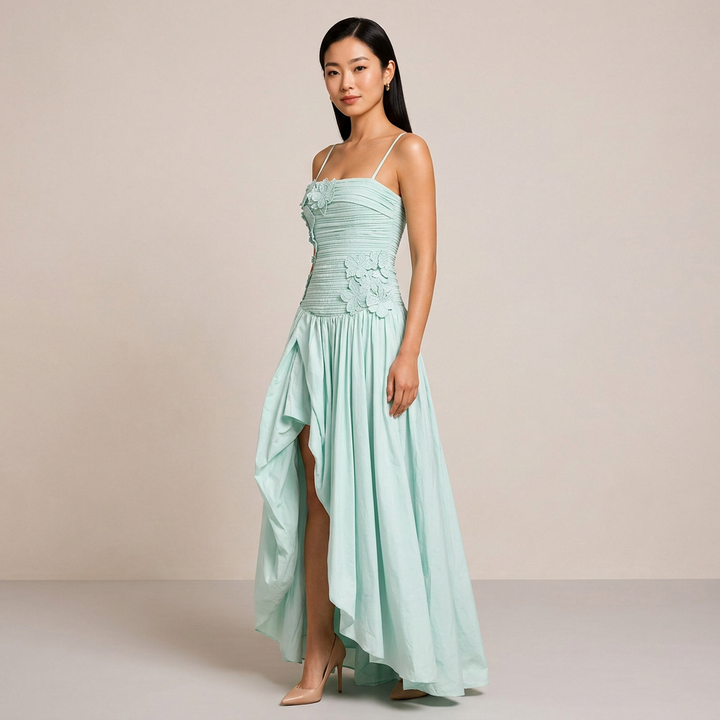 3D Floral Ruched Spaghetti Strap High Slit Maxi Dress-Vyana Collective