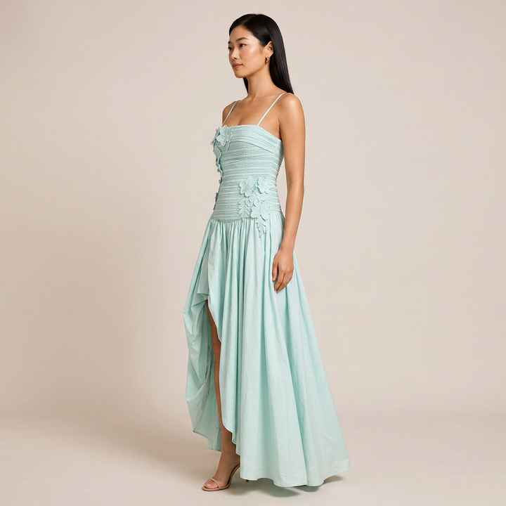 3D Floral Ruched Spaghetti Strap High Slit Maxi Dress-Vyana Collective